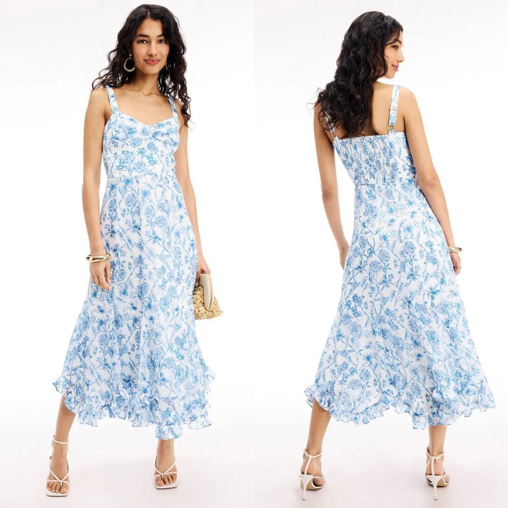 Hutch Sophie Dress Floral Print Sleeveless Ruffle Midi A-Line Blue & White S